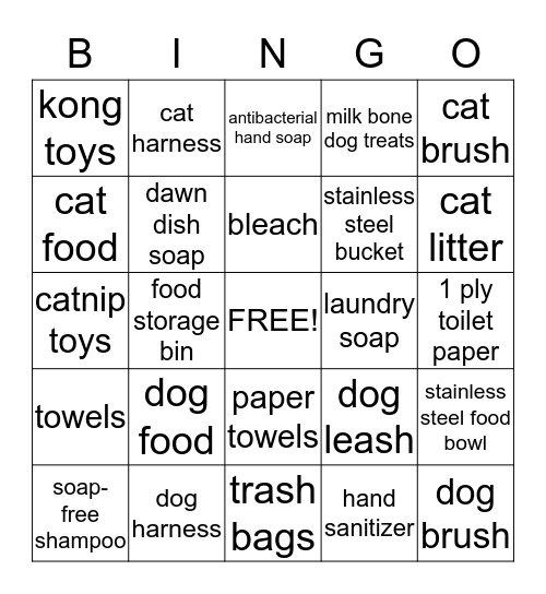 Animal Shelter Needs Bingo Card