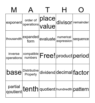 Nate's Matho Bingo Card