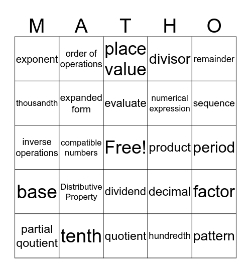 Nate's Matho Bingo Card