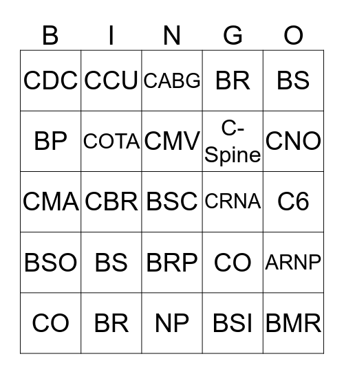 Med Terms BP - CRNA Bingo Card
