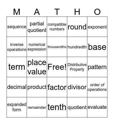 Lucas's Matho Bingo Card