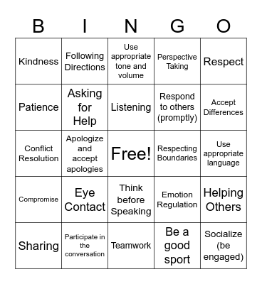 Social Skills/Communication Bingo Card