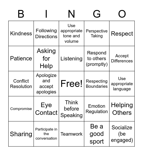 Social Skills/Communication Bingo Card