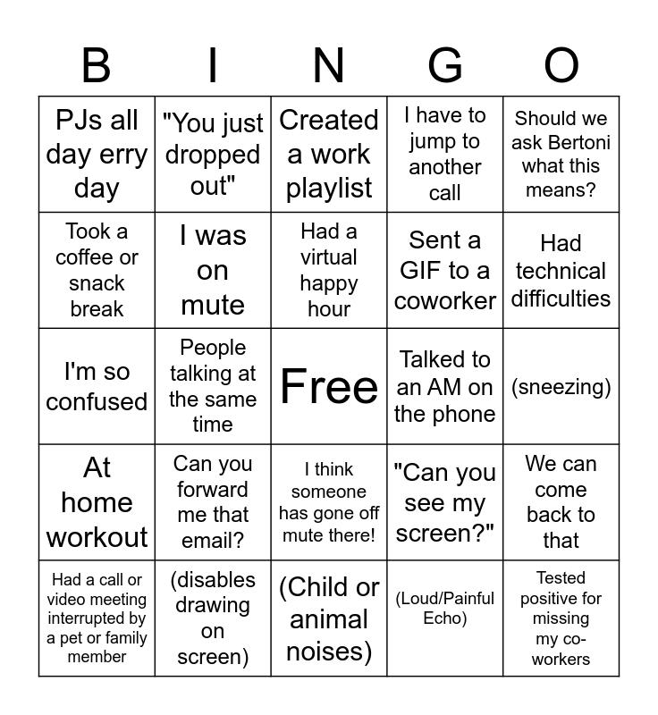 Work From Home Bingo Card