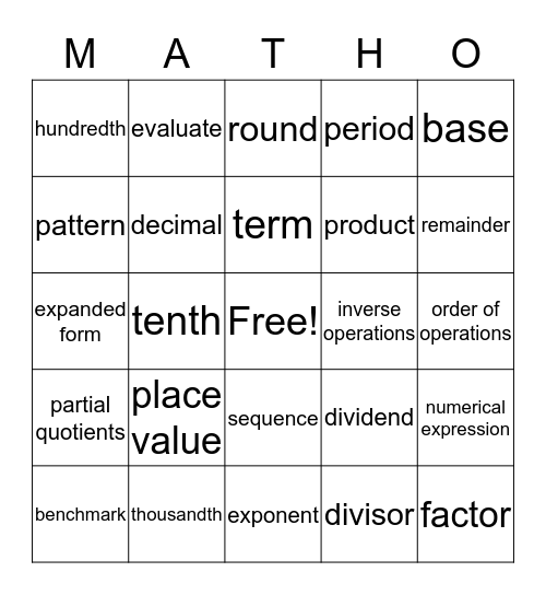 Matt's MATHO Bingo Card