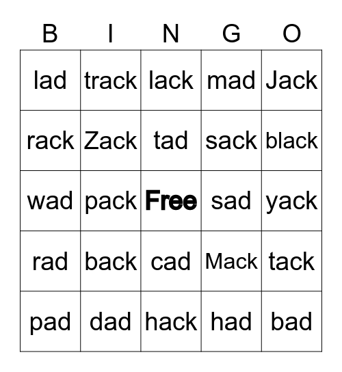 -ack and -ad Family Words - Bingo Card