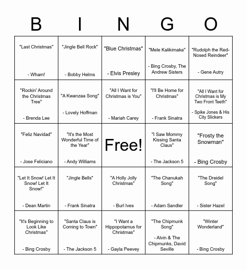 Holiday Music Bingo Card