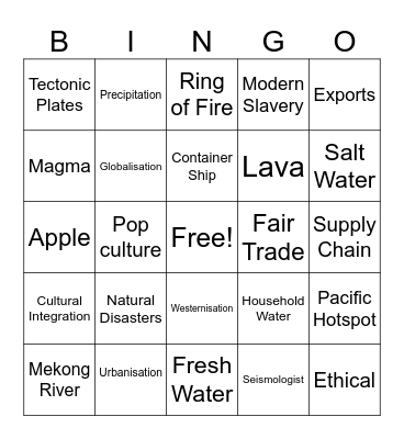 Year 8 Geography Bingo Card