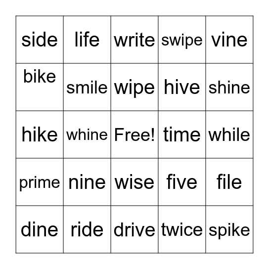 CVCe: long i Bingo Card