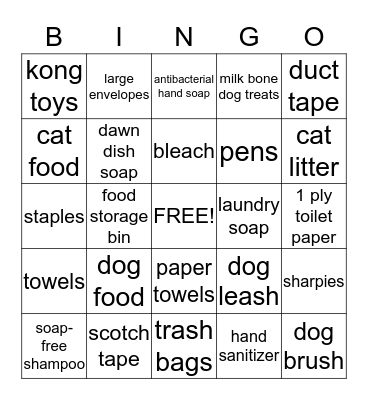 Animal Shelter Needs Bingo Card