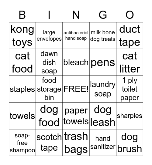 Animal Shelter Needs Bingo Card