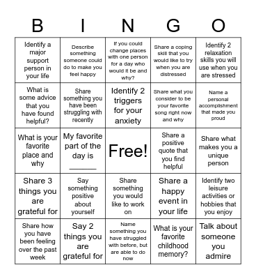 Therapy Bingo Card