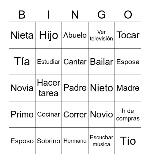 Family and Hobbies Bingo Card