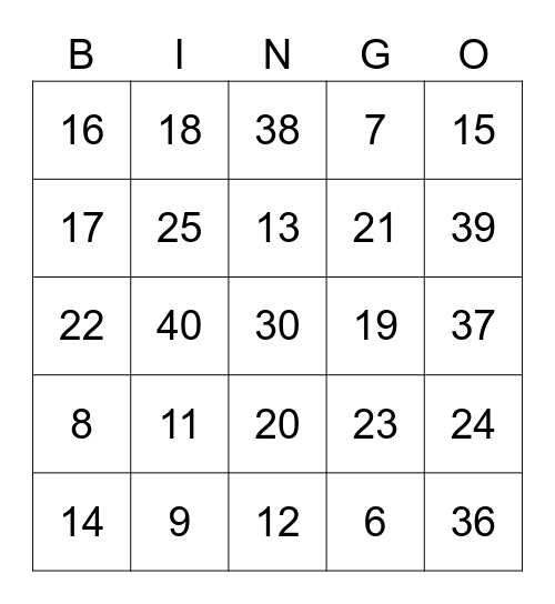 Arabic Numbers 0-40 Bingo Card