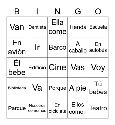 IR, Locations, ER verbs Bingo Card