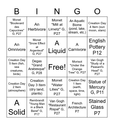 Cycle 2 Nelson-Atkins Field Trip Bingo Card