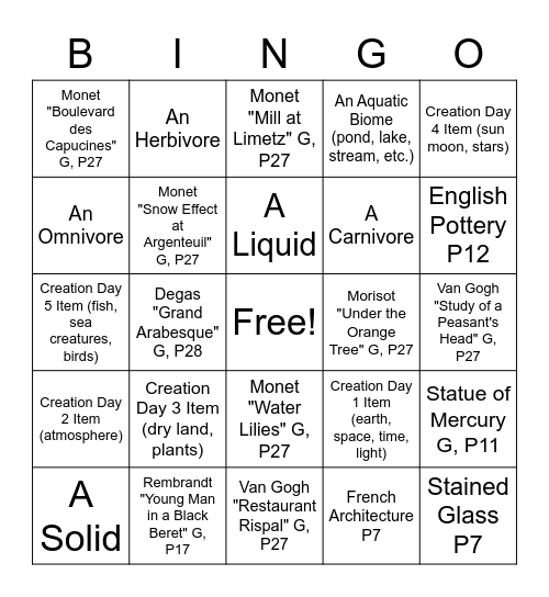 Cycle 2 Nelson-Atkins Field Trip Bingo Card