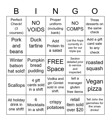 Restaurant Bingo Card