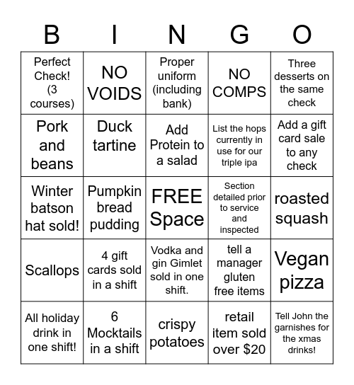 Restaurant Bingo Card