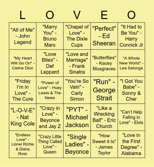 Name That Tune Bingo Card