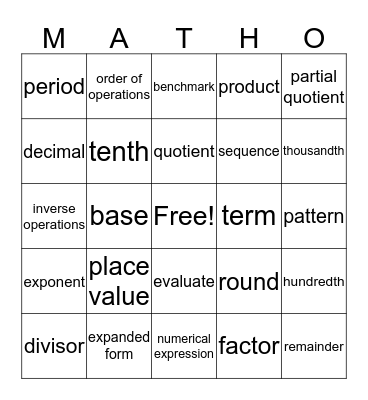 Cameo's Matho Bingo Card