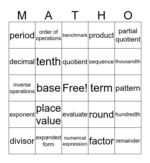 Cameo's Matho Bingo Card