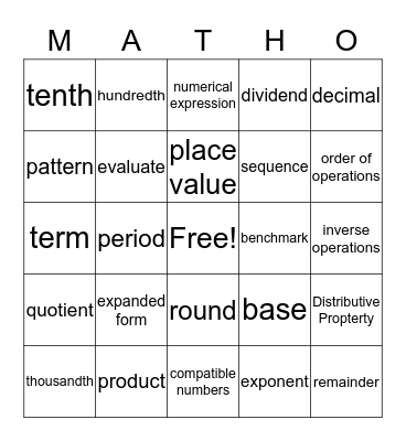 Alayna's matho Bingo Card