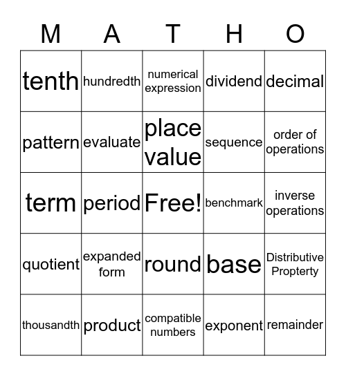 Alayna's matho Bingo Card