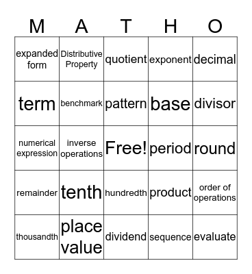 Conner's Matho Bingo Card