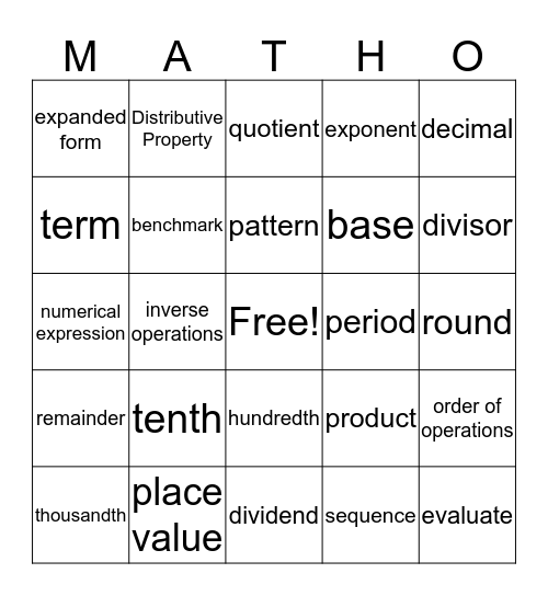 Conner's Matho Bingo Card