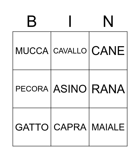 ANIMALI Bingo Card