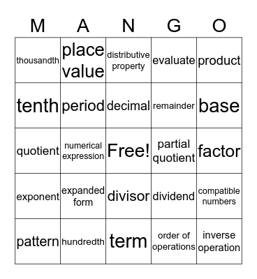 Paige's Matho Bingo Card