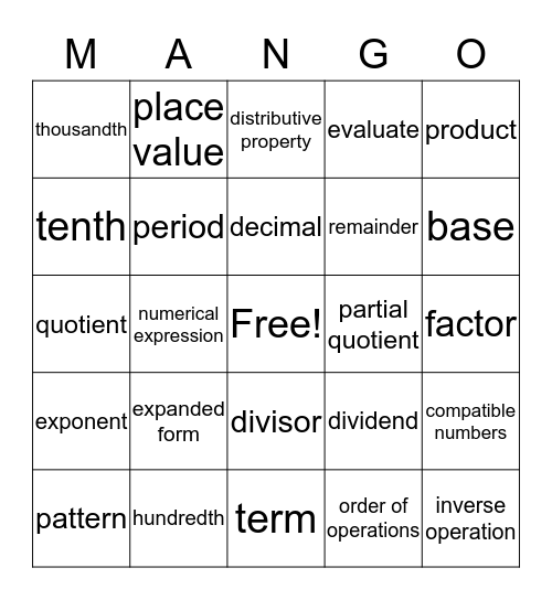 Paige's Matho Bingo Card