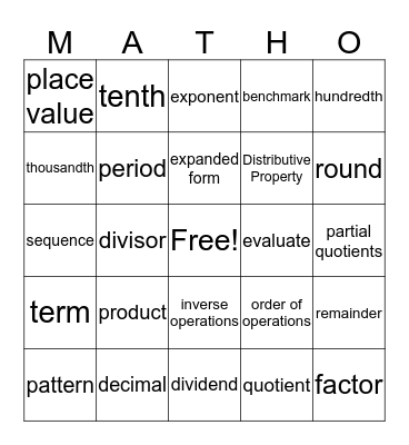 Ced's Matho Bingo Card