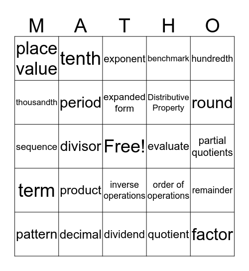 Ced's Matho Bingo Card