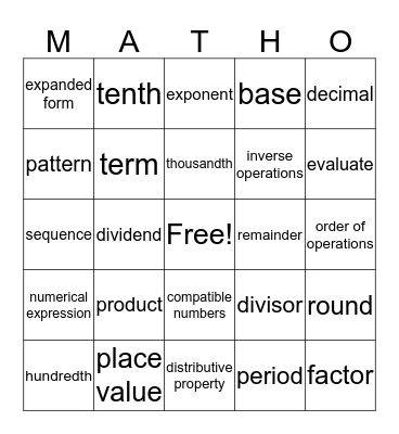 Kennedy's Matho Bingo Card
