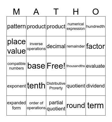 Alex's Matho Bingo Card