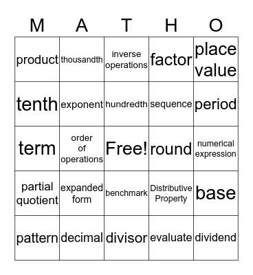 Kayla's Matho Bingo Card