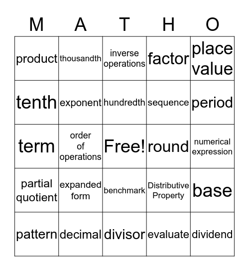 Kayla's Matho Bingo Card