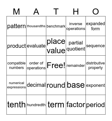 David's matho cards Bingo Card