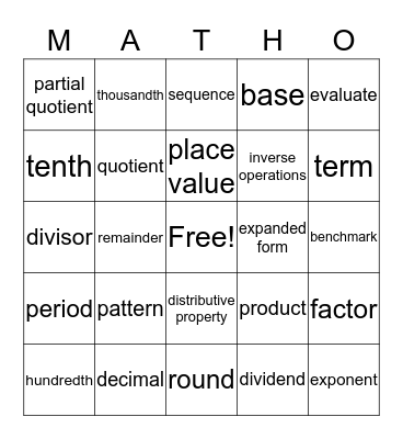 Kaycie's Matho Bingo Card