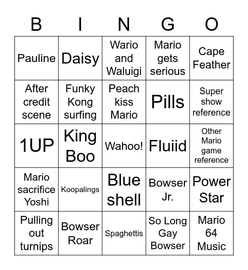 Super Mario bros Movie Bingo Card