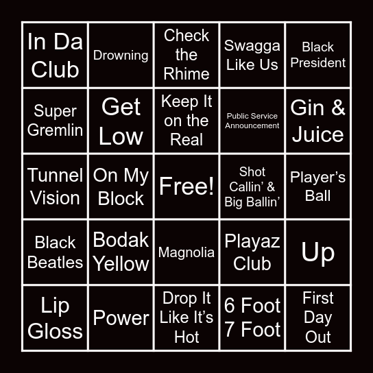Rap Bingo Card