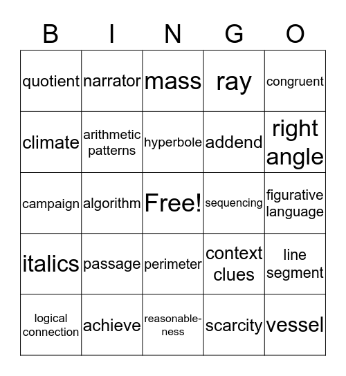 Third Grade Content Word Bingo Card