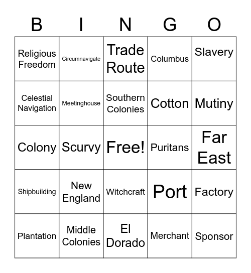 13 Colonies & Exploration Vocab Bingo Card