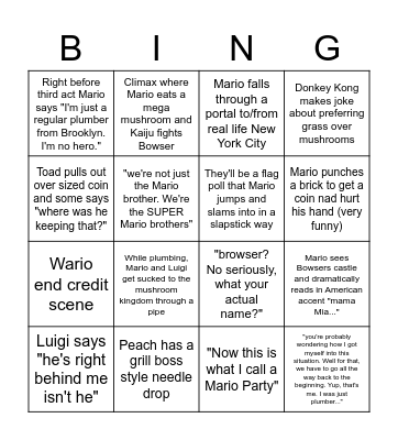 Mario Movie Bingo Card