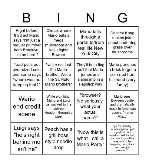 Mario Movie Bingo Card