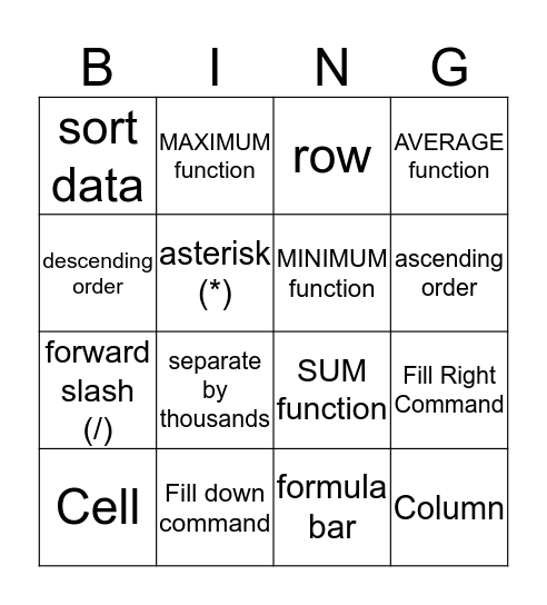 Excel Vocabulary Bingo Card