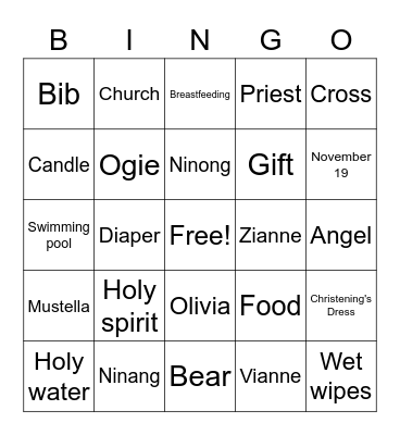 Ollie's Christening Bingo Card