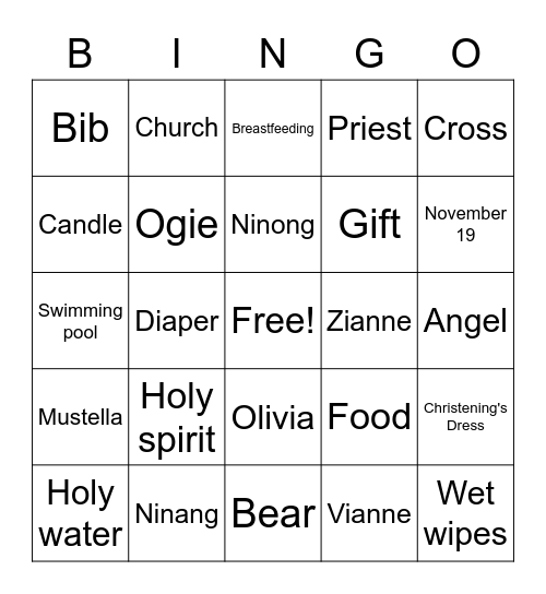 Ollie's Christening Bingo Card